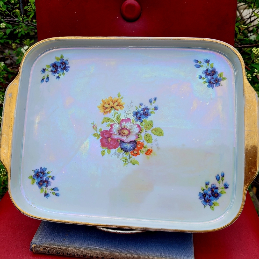 Vintage iridescent porcelain hand painted floral tray with gold trim handles